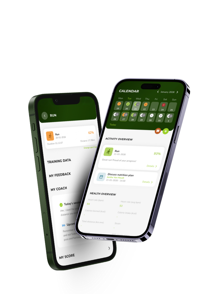 Two smartphones displaying the Work-Out platform app with training and calendar features on screen.