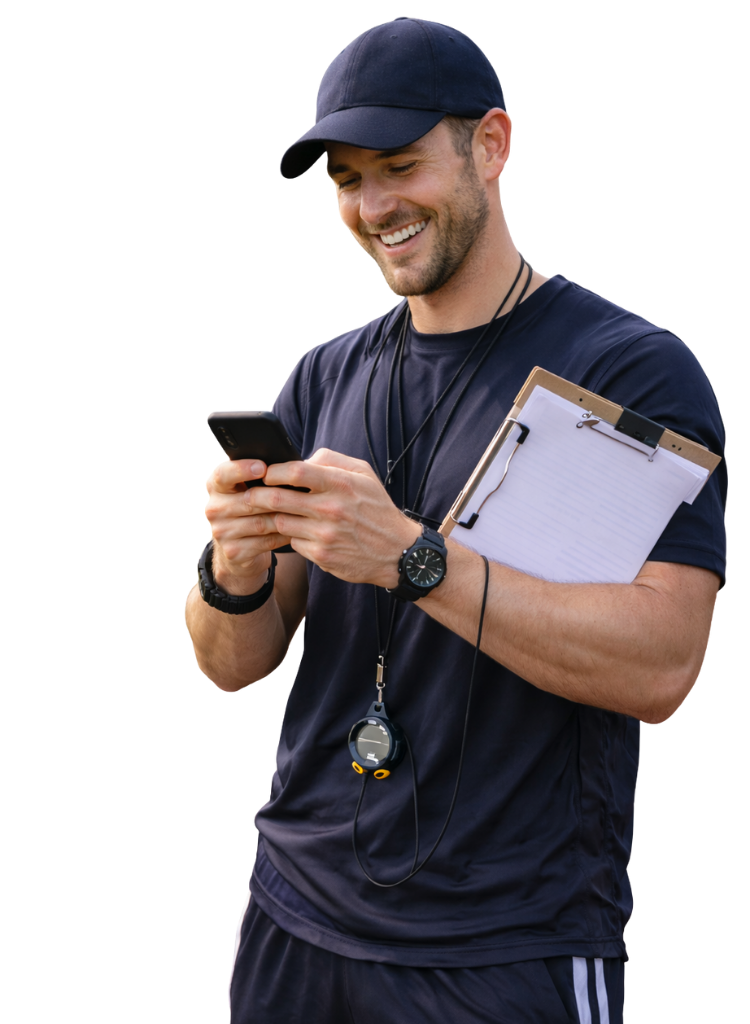 Coach smiling while checking a phone, holding a clipboard and wearing a stopwatch.