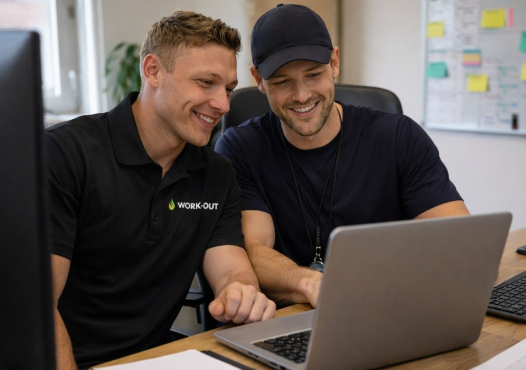 Two coaches reviewing training data together on a laptop in an office setting.